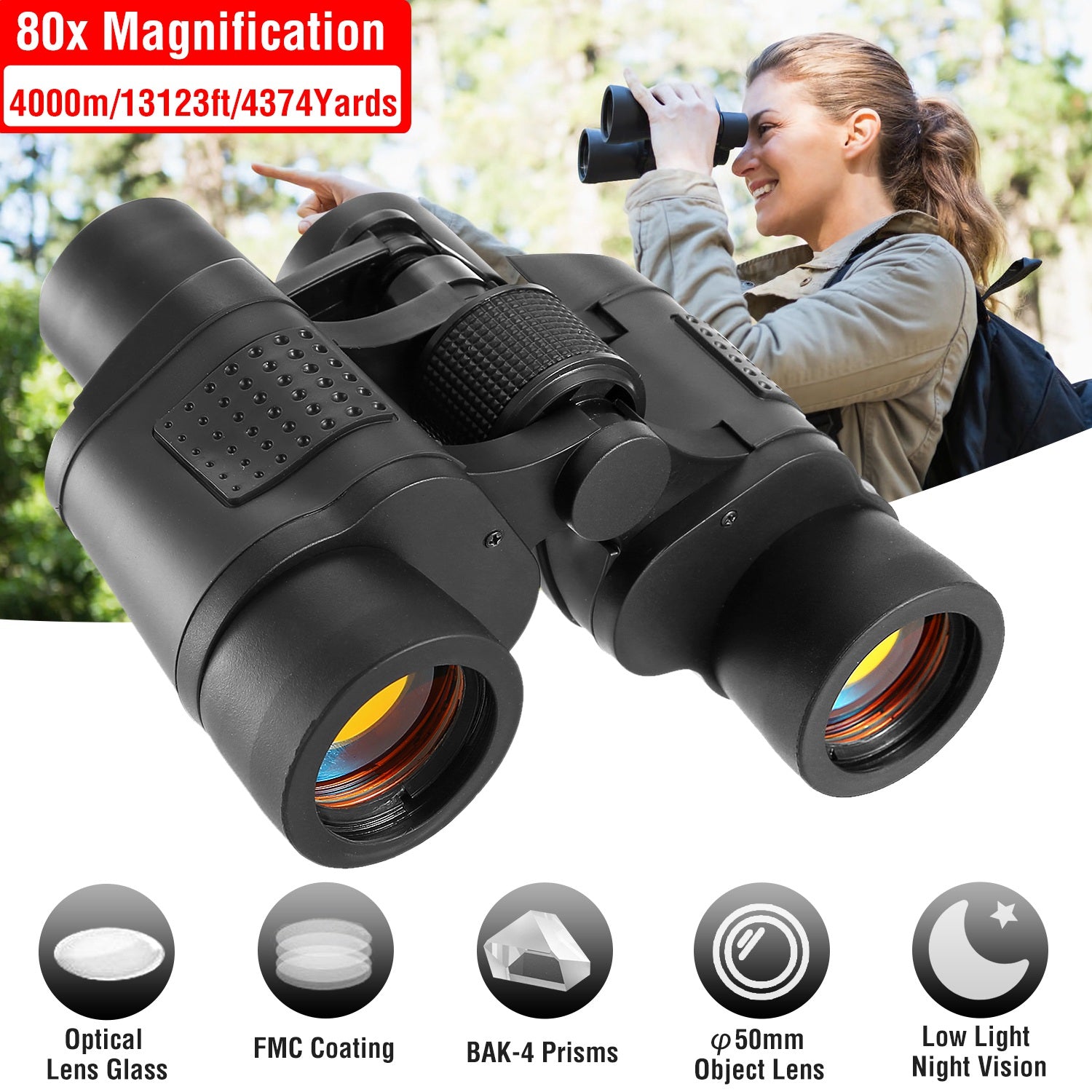 Portable HD Binoculars With FMC Lens Low Light Night Vision Telescope For Bird Watching Hunting Sports Events Concerts Adventure With Shoulder Strap Bag